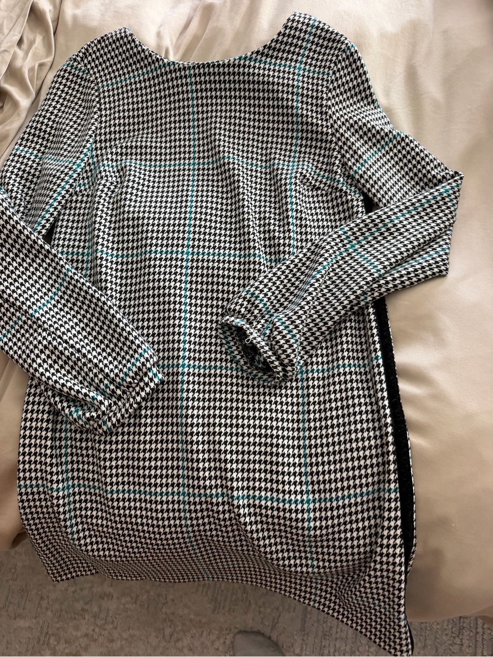 Zara Black & White Houndstooth Long-Sleeve Dress with Teal Windowpane